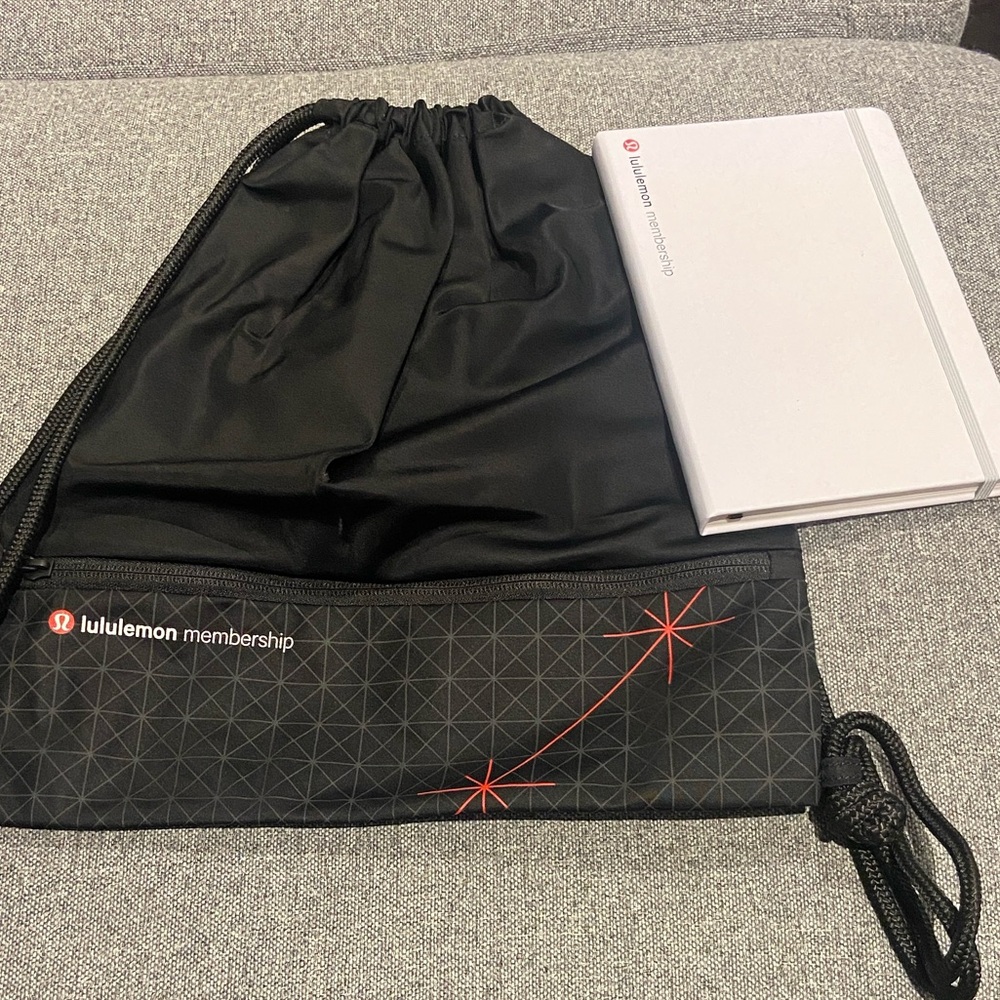 New Lululemon Membership Black Drawstring Bag & Notebook